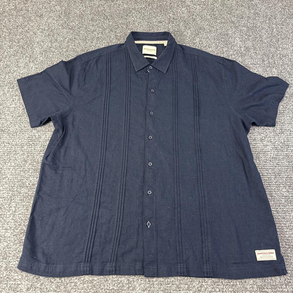 Scotch & Soda Shirt Mens 2XL Blue Linen Viscose Pleated Short Sleeve Button Up